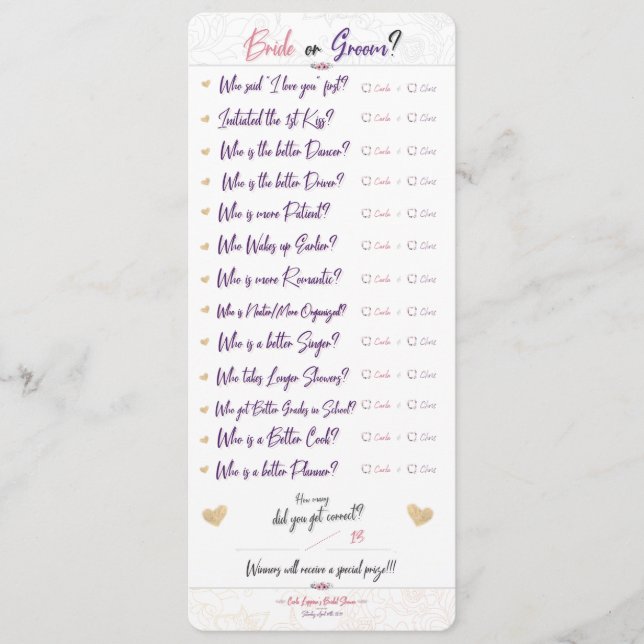 Carla's Bridal Shower Game 1/3 - "Bride or Groom?" Menu (Front)