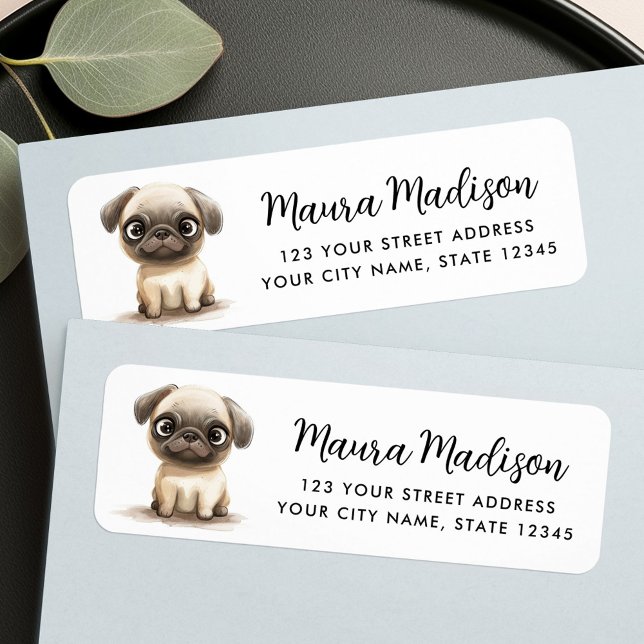 Carlin chien aquarelle illustration adresse de ret (Pug dog watercolor illustration return address label)