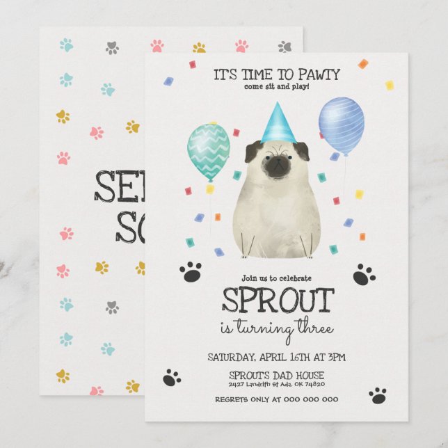 Carlin Lets Pawty Chien Anniversaire Invitation Bl (Devant / Derrière)