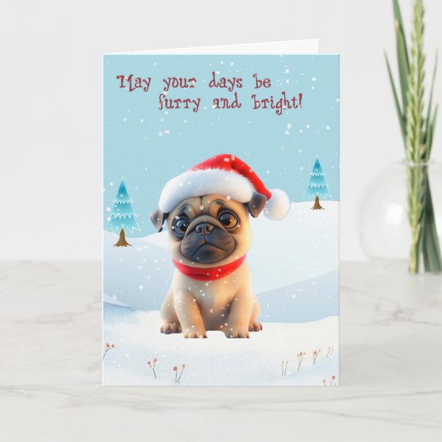 Carlin mignon dans la carte de Noël neige (Devant)