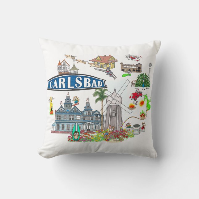 Carlsbad Beach City Fun Throw Pillow (Front)