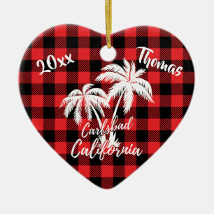 Carlsbad California Beach Palm Tree Red Plaid Ceramic Ornament