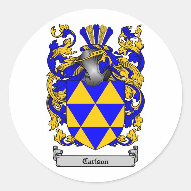 CARLSON FAMILY CREST -  CARLSON COAT OF ARMS CLASSIC ROUND STICKER (Front)