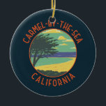 Carmel-by-the-Sea California Retro Distressed Ceramic Ornament<br><div class="desc">Carmel-by-the-Sea in a vector art style. Carmel-by-the-Sea is a small beach city on California's Monterey Peninsula. It's known for the museums and library of the historic Carmel Mission.</div>