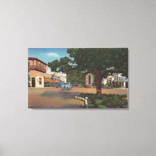 Carmel, CA - Street Scene with Trees and Shops Canvas Print
