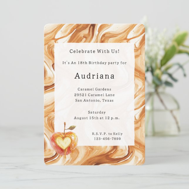 Carmel Cream Heart Apple Caramel Birthday  Invitation (Standing Front)