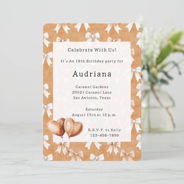 Carmel Cream Heart Balloons Bows Caramel Birthday  Invitation (Standing Front)