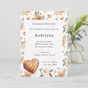 Carmel Cream Hearts Floral Caramel Birthday Invitation