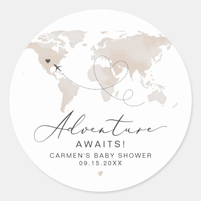 CARMEN Beige Map Adventure Baby Shower Classic Round Sticker (Front)