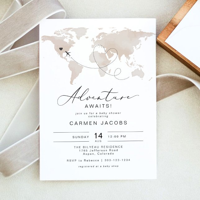 CARMEN Beige Map Adventure Baby Shower Invitation (CARMEN Watercolor World Map Adventure Awaits Baby Shower Invitation Printed or Instant Download)