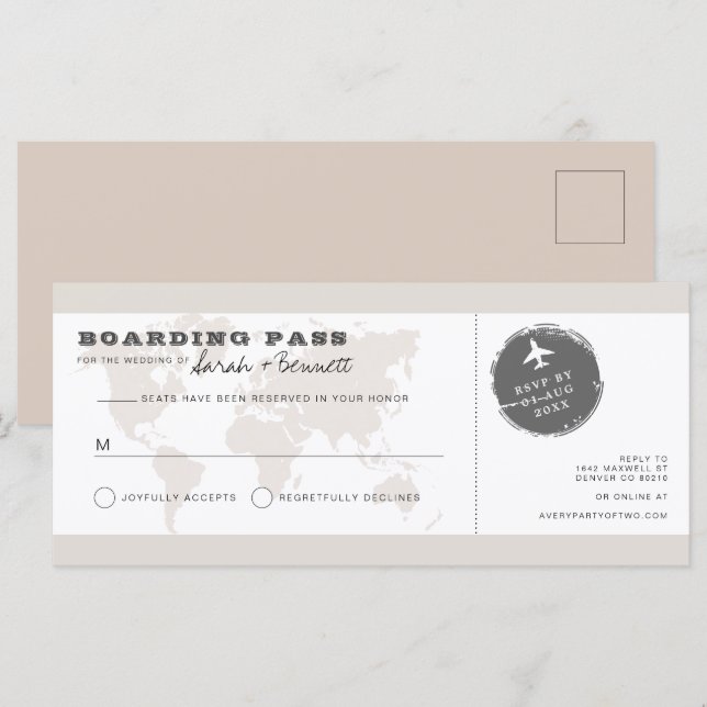 CARMEN Beige World Map Boarding Pass RSVP Card (Front/Back)