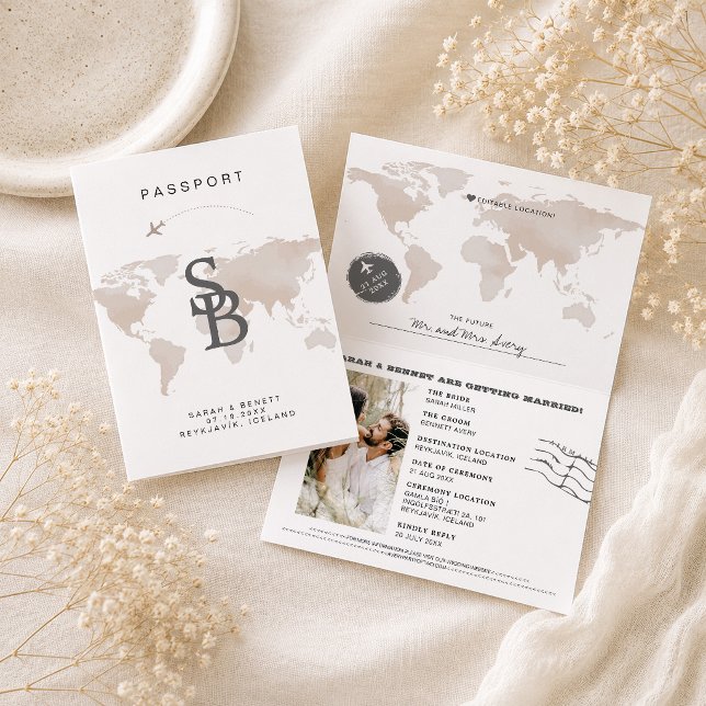 CARMEN Beige World Map Passport Wedding Invitation (Elegant Beige Map Passport Wedding Invitation)