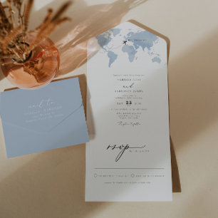 CARMEN Dusty Blue Map Travel Destination Wedding All In One Invitation