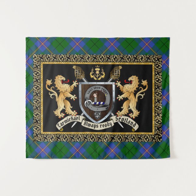 Carmichael Clan Badge & Motto w/Lions  Tapestry (Front (Horizontal))