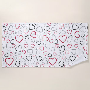Carmin Red Grey Happy Hearts pattern Beach Towel
