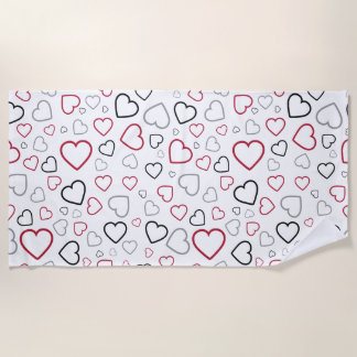 Carmin Red Grey Happy Hearts pattern Beach Towel