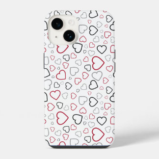 Carmin Red Grey Happy Hearts pattern iPhone 14 Case