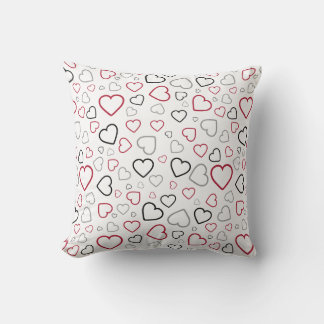 Carmin Red Grey Happy Hearts pattern Throw Pillow