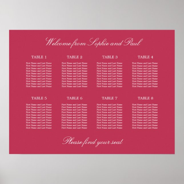 Carmine Magenta 8 Table Seating Chart Poster (Front)