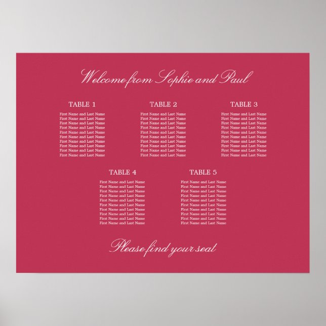 Carmine Magenta Red 5 Table Seating Chart Poster (Front)