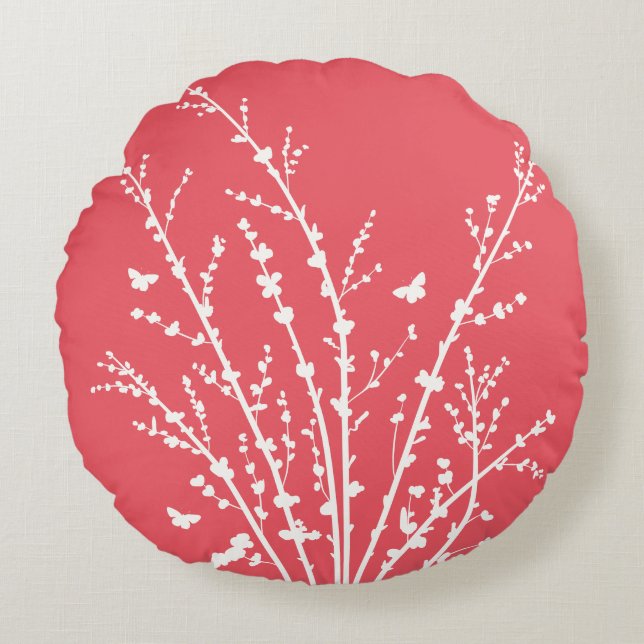 Carmine Pink Butterflies Botanical Branches Modern Round Pillow (Front)