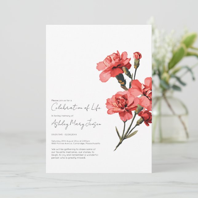 Carnation Celebration of Life Funeral Invitation (Standing Front)
