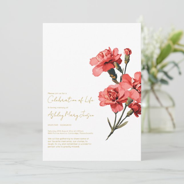 Carnation Celebration of Life Funeral Invitation (Standing Front)
