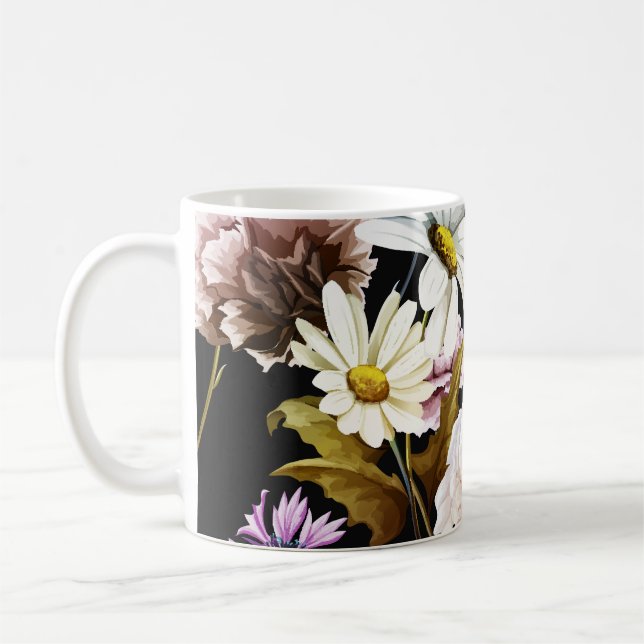 Carnation, chamomile flowers, black pattern. coffee mug (Left)