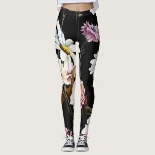 Carnation, chamomile flowers, black pattern. leggings