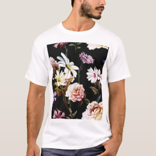 Carnation, chamomile flowers, black pattern. T-Shirt