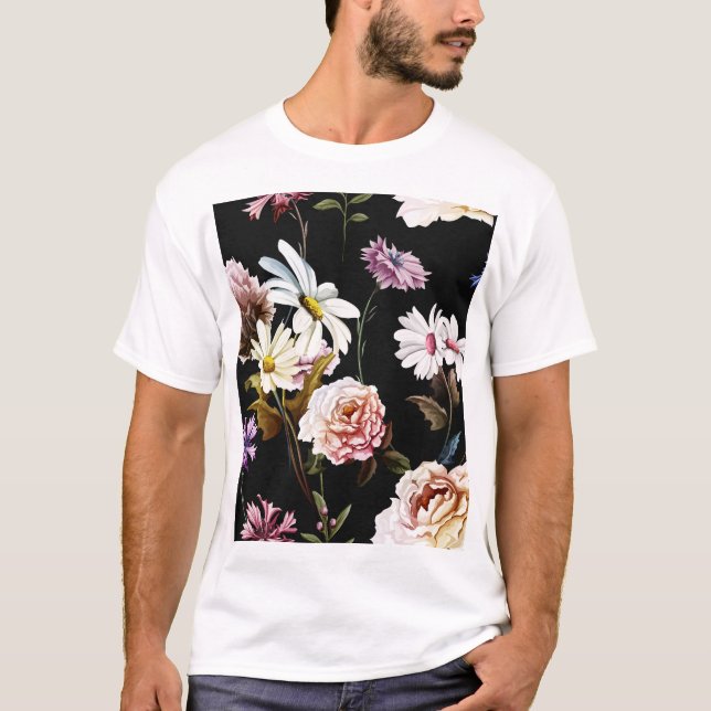 Carnation, chamomile flowers, black pattern. T-Shirt (Front)