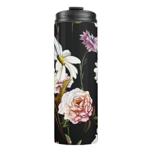 Carnation, chamomile flowers, black pattern. thermal tumbler