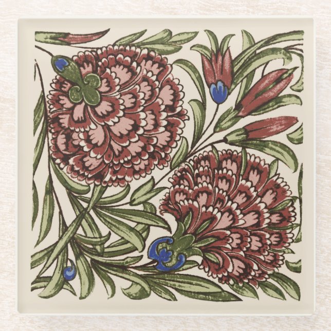 Carnation Flower Tile Antique Rustic Art Glass Coaster (Front)
