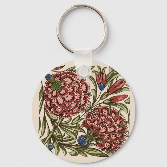 Carnation Flower Tile Antique Rustic Art Keychain (Front)