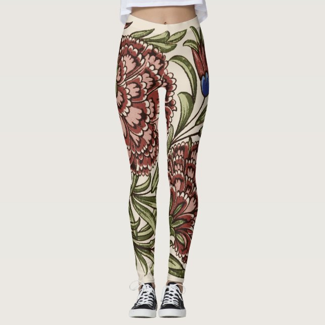 Carnation Flower Tile Antique Rustic Art Leggings (Front)