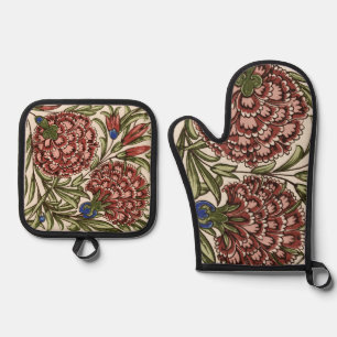 Carnation Flower Tile Antique Rustic Art Oven Mitt & Pot Holder Set