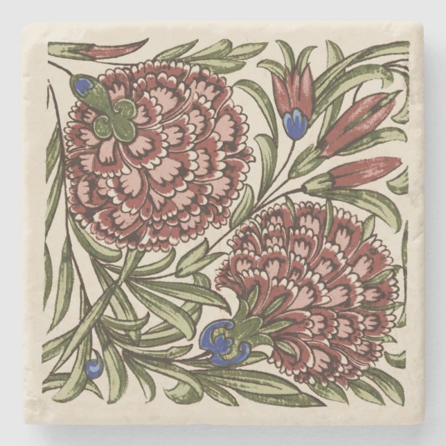 Carnation Flower Tile Antique Rustic Art Stone Coaster (Front)