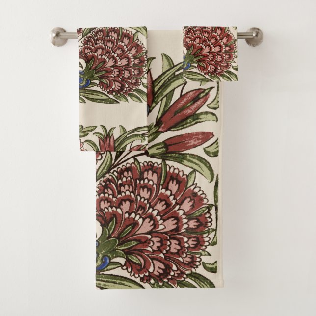Carnation Flower Tile Antique Rustic De Morgan Art Bath Towel Set (Insitu)