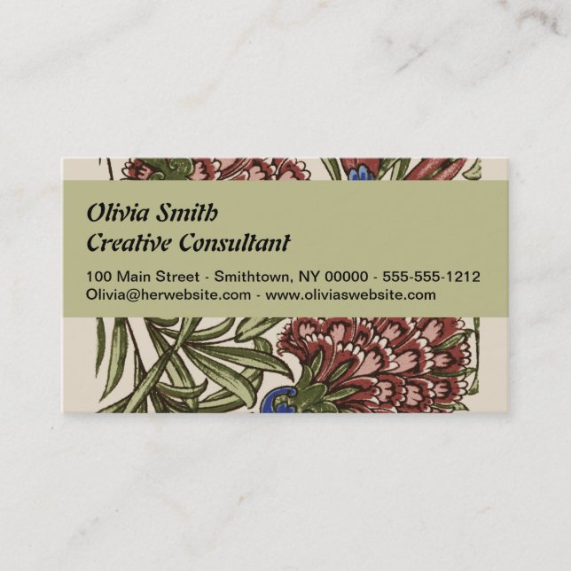 Carnation Flower Tile Antique Rustic De Morgan Art Business Card (Front)