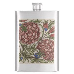 Carnation Flower Tile Antique Rustic De Morgan Art Hip Flask