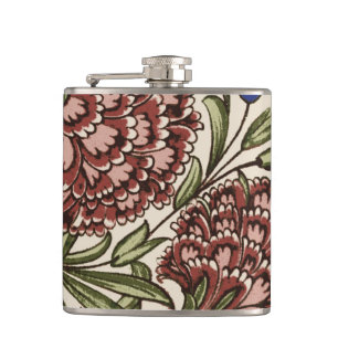 Carnation Flower Tile Antique Rustic De Morgan Art Hip Flask