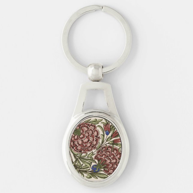 Carnation Flower Tile Antique Rustic De Morgan Art Keychain (Front)
