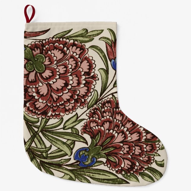 Carnation Flower Tile Antique Rustic De Morgan Art Large Christmas Stocking (Front)