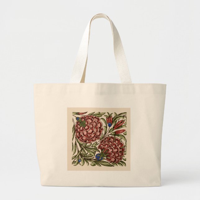 Carnation Flower Tile Antique Rustic De Morgan Art Large Tote Bag (Front)