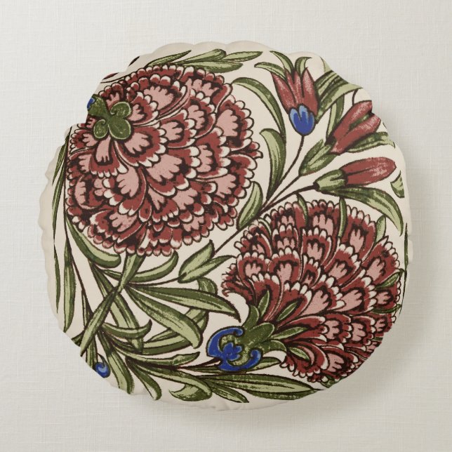 Carnation Flower Tile Antique Rustic De Morgan Art Round Pillow (Front)
