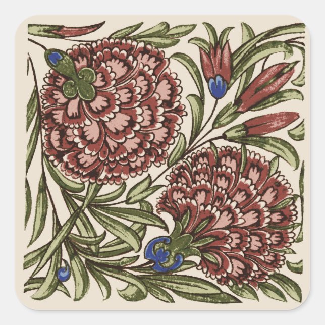 Carnation Flower Tile Antique Rustic De Morgan Art Square Sticker (Front)