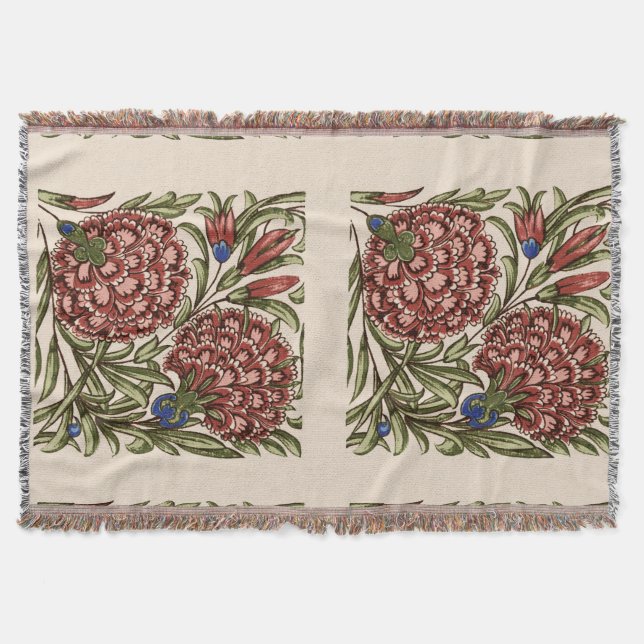 Carnation Flower Tile Antique Rustic De Morgan Art Throw Blanket (Front)