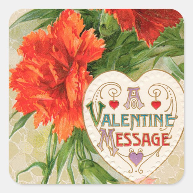 Carnation Flowers, Vintage Valentine's Day Message Square Sticker (Front)