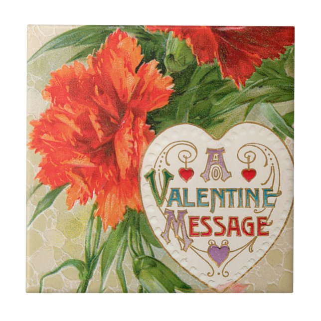 Carnation Flowers, Vintage Valentine's Day Message Tile (Front)