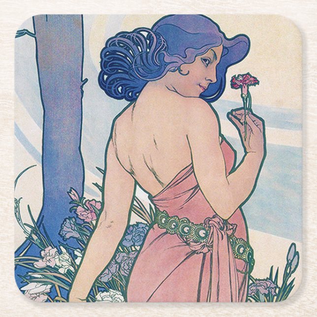 Carnation (Four Flowers), Alphonse Mucha Square Paper Coaster (Front)